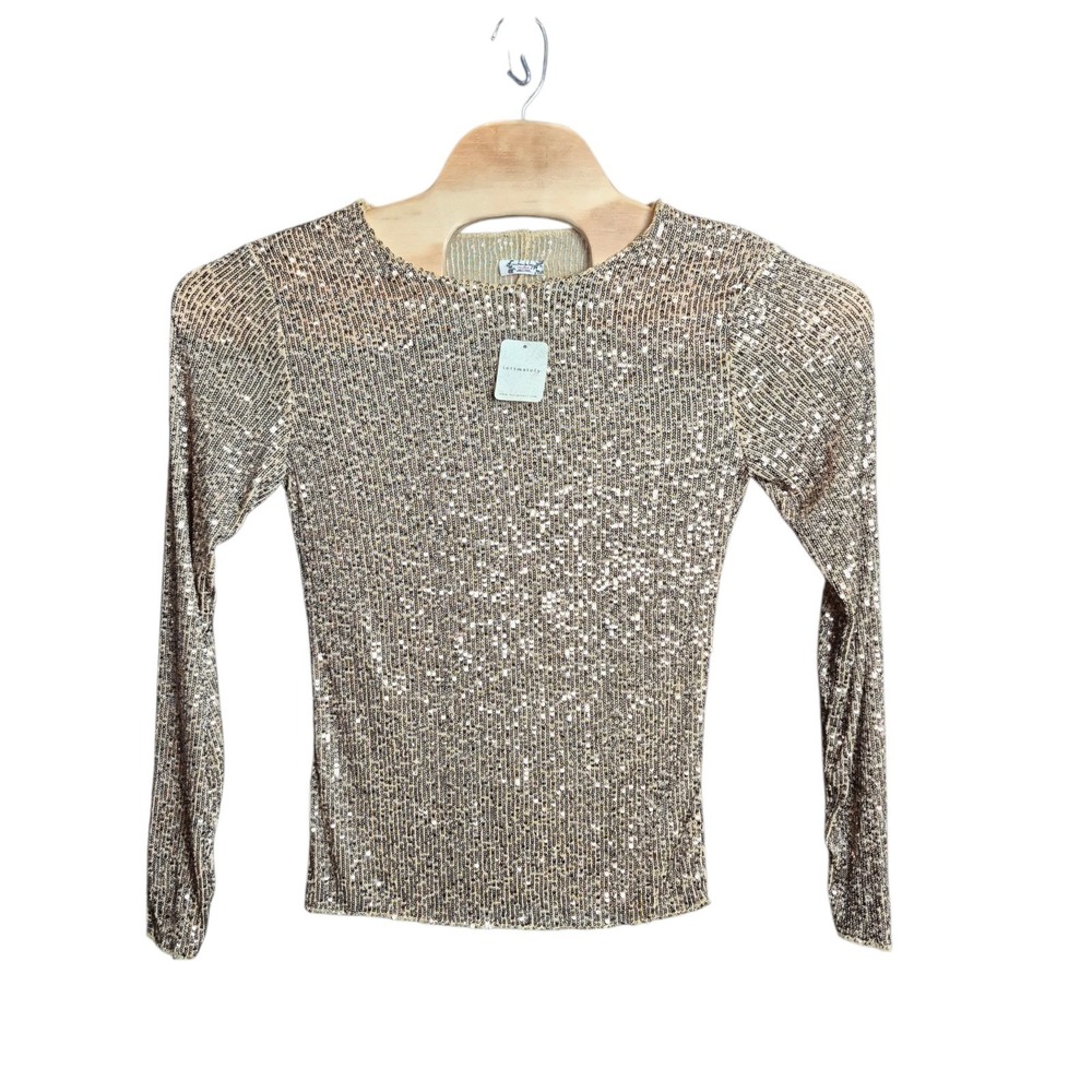 Free People Intimately‎ Women's Medium Gold Sequin Long Sleeve Top NWT - Picture 2 of 7